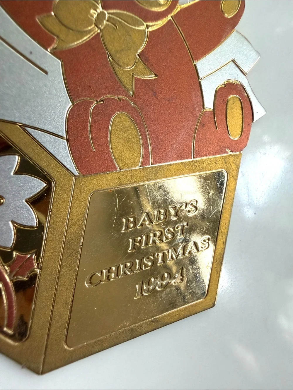Vintage 1994 Baby First Christmas Bear Present Brass Metal Ornament made in USA